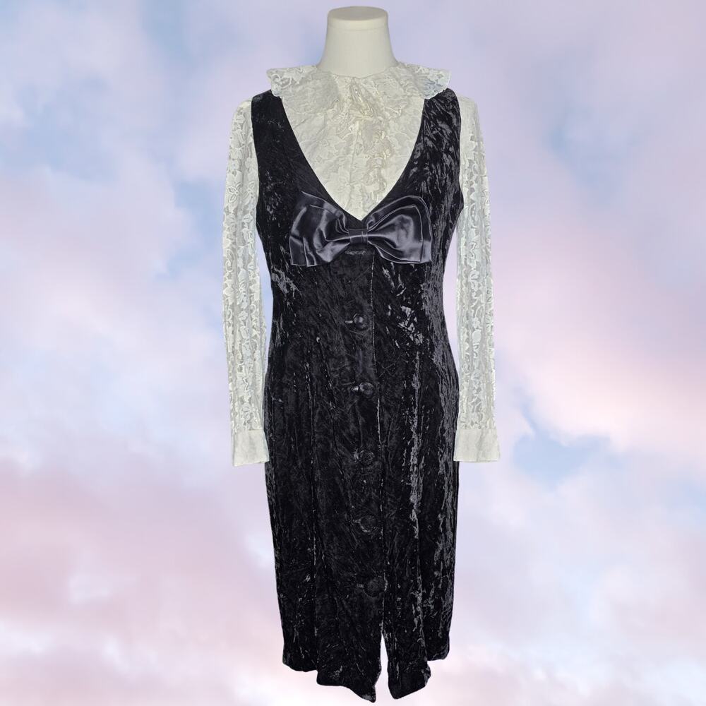 Vtg Jessica Howard Black Crushed Velvet Satin Bow Button Tank Midi Dress Size 14